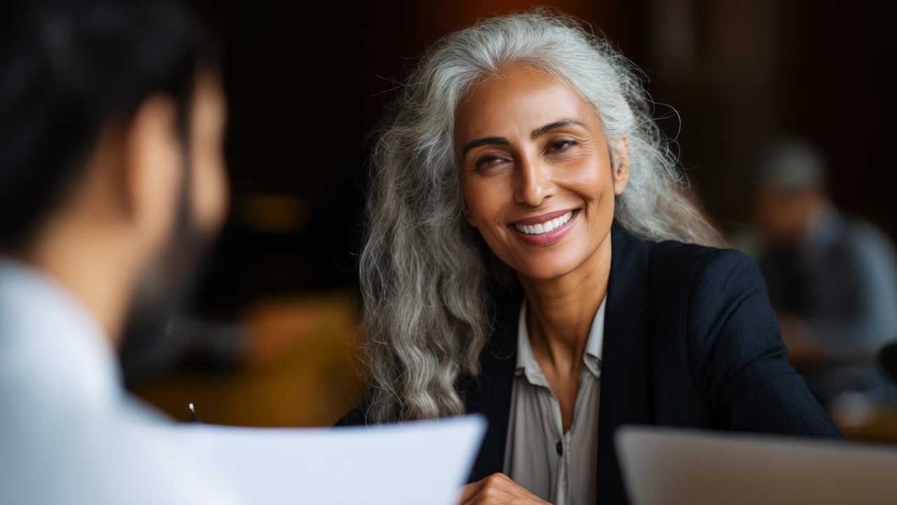 Engaging and Cheerful Conversation between Two Professionals: A Warm and Welcoming Atmosphere as They Discuss Career Insights, Ideas, and Future Collaborations with Genuine Smiles and Eye Contact