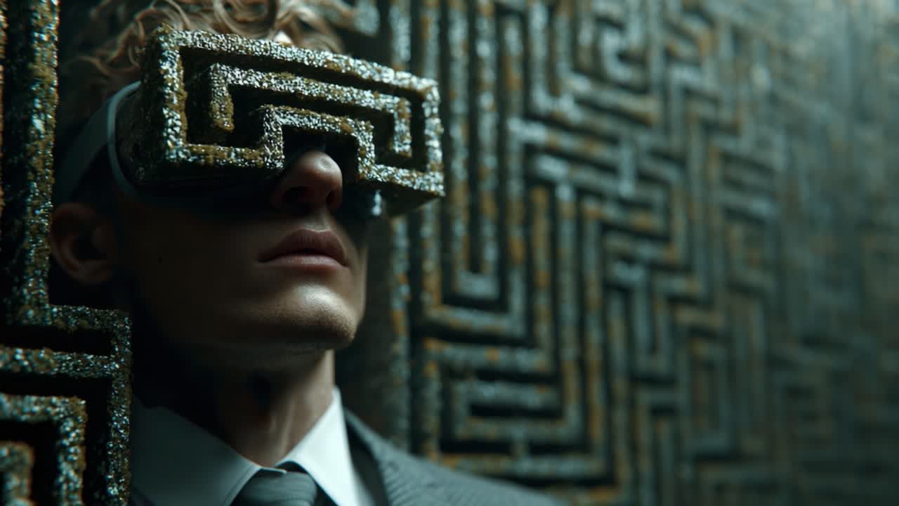 A Futuristic Individual Wearing Intricate Geometric Glasses Stands Against a Textured Wall, Merging Fashion and Technology in a Unique Visual Experience of Modern Aesthetics and Style