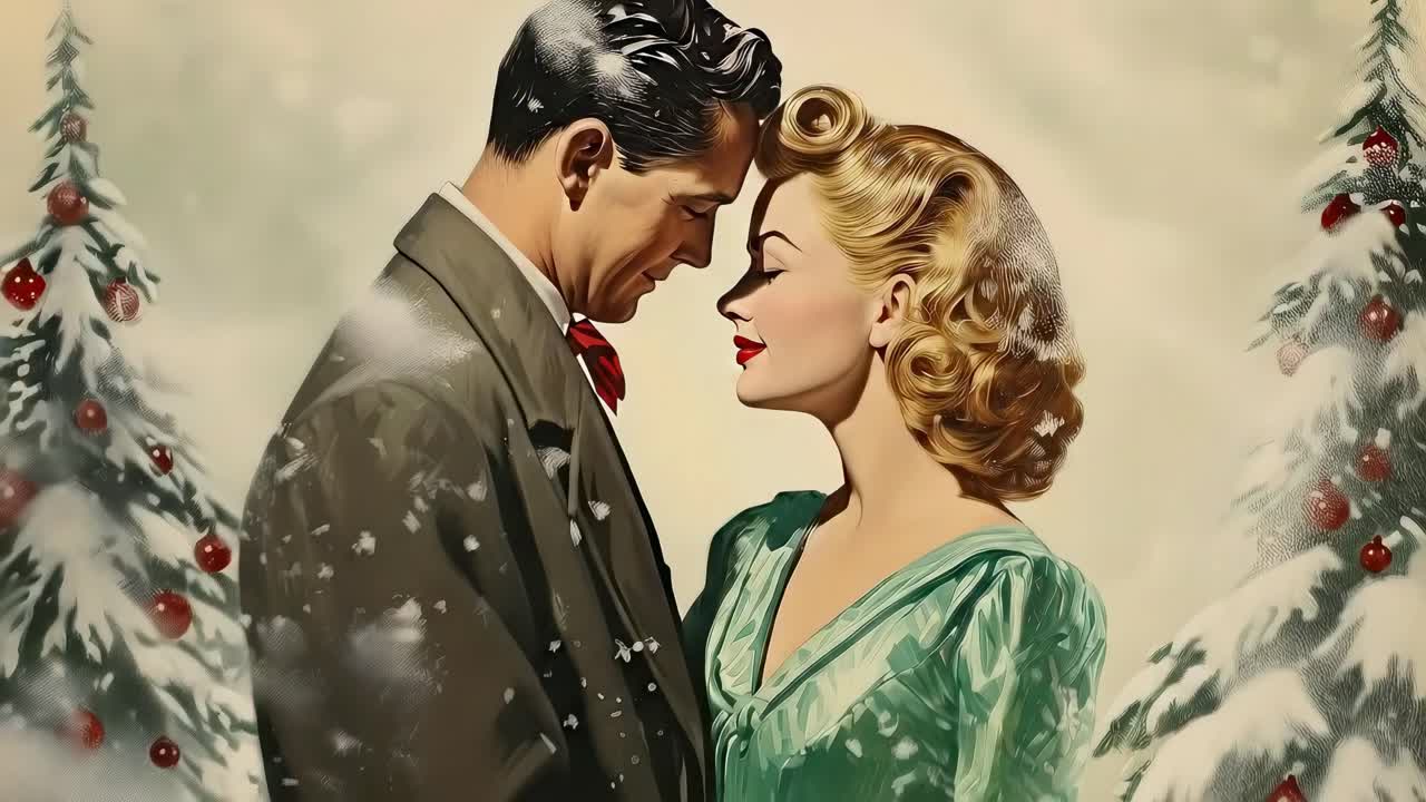 Vintage romantic video scene, close-up angle of couple in snowy setting, nostalgic style