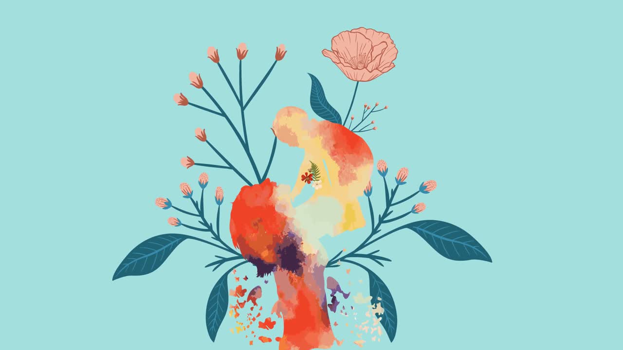 animazione di una figura pittorica di madre che solleva il bambino con una pianta a fiore rosa su sfondo blu