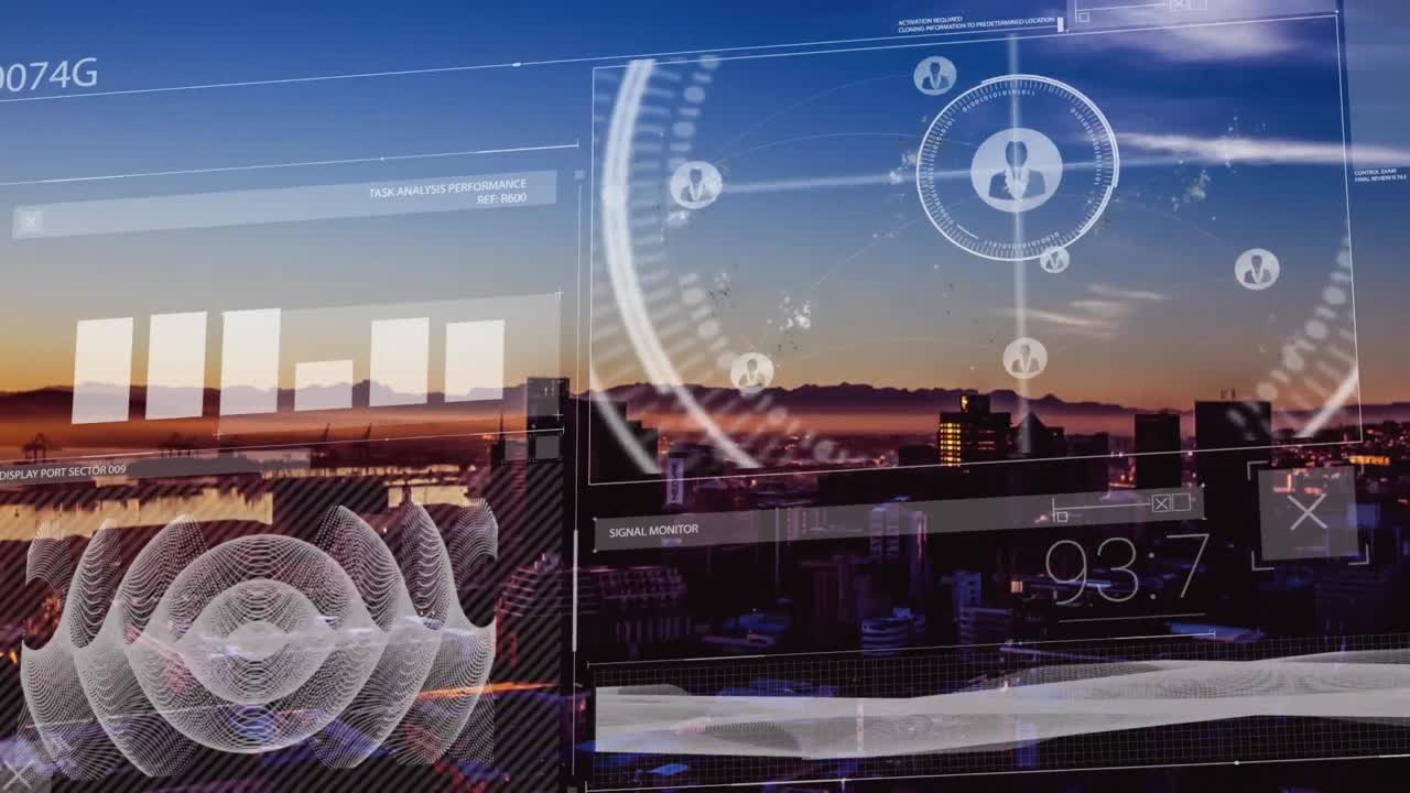 animación del procesamiento de datos e iconos sobre el paisaje urbano