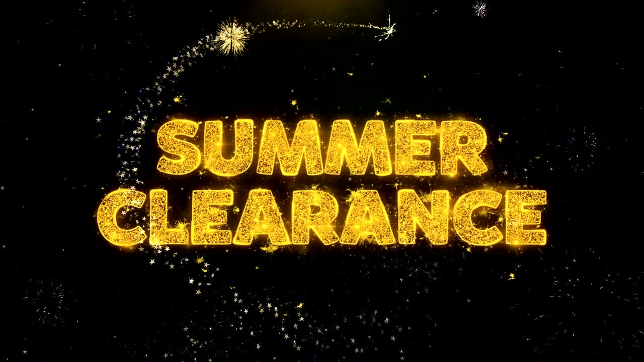 금 입자 불꽃놀이 디스플레이에 여름 클리어런스 텍스트.