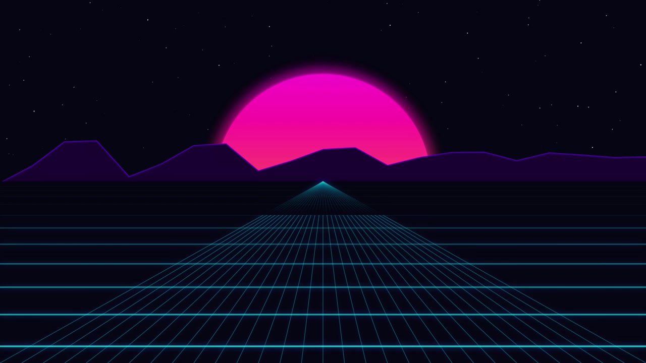 Retro Synthwave Style Landscape with Glowing Pink Sun and Grid