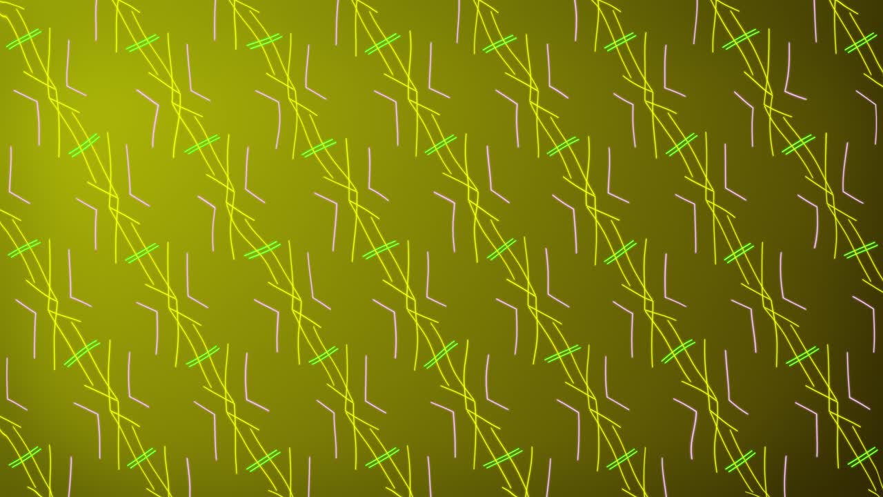 Geometric 2D patterns with moving glowing lines shapes mirror symmetry visual effects motion graphics across gradient background abstract outlines animation futuristic design colours yellow pink green