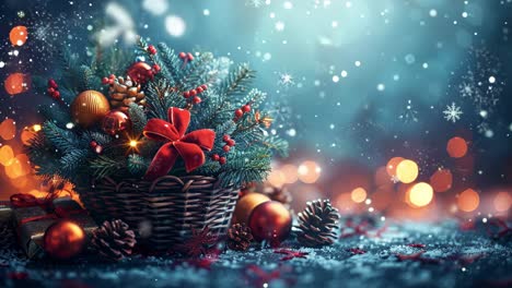 a christmas wreath with red ribbon and pine cones sits on a table. the wreath is filled with various ornaments, including a large red bow. the scene conveys a festive and joyful mood