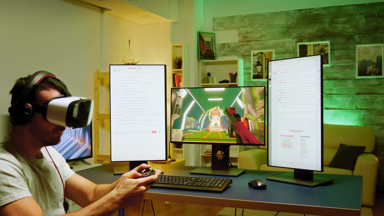 슈팅 게임을 하는 게임 의자 에 앉아 있는 젊은 남자