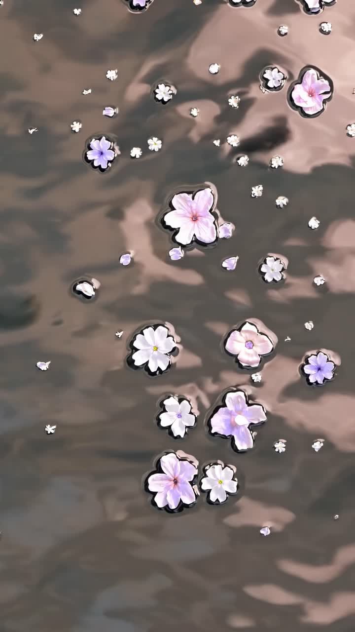 Top-down video shot of delicate pink and white flowers floating on rippling water, creating a serene
