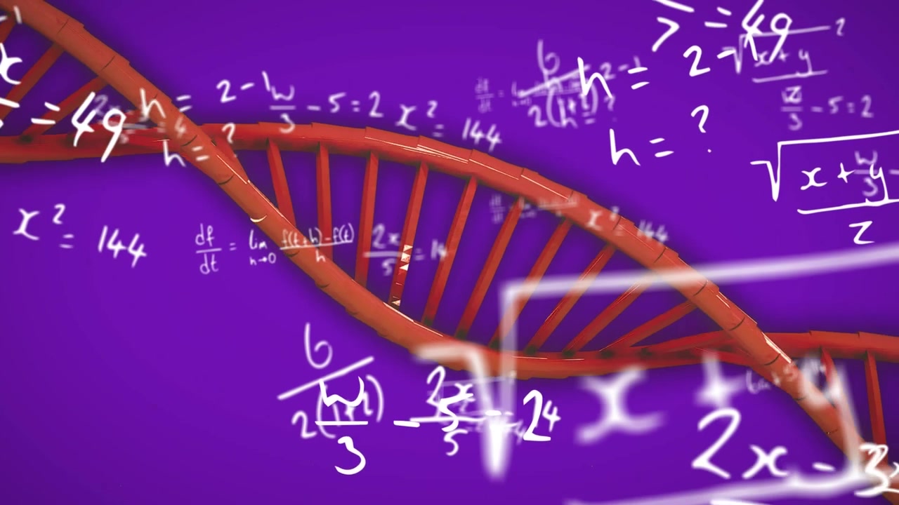 Rotating DNA Strand with Floating Mathematical Formulas on Purple Background
