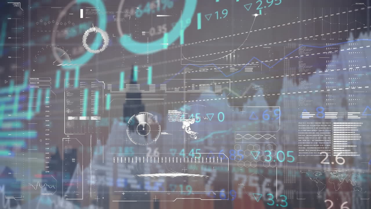 Animation of interface with statistical and stock market data processing against cityscape