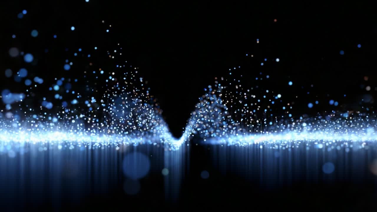 A mesmerizing visual display of shimmering particles converging at a focal point, set against a deep black backdrop, creating a striking illusion of depth and movement in the digital space