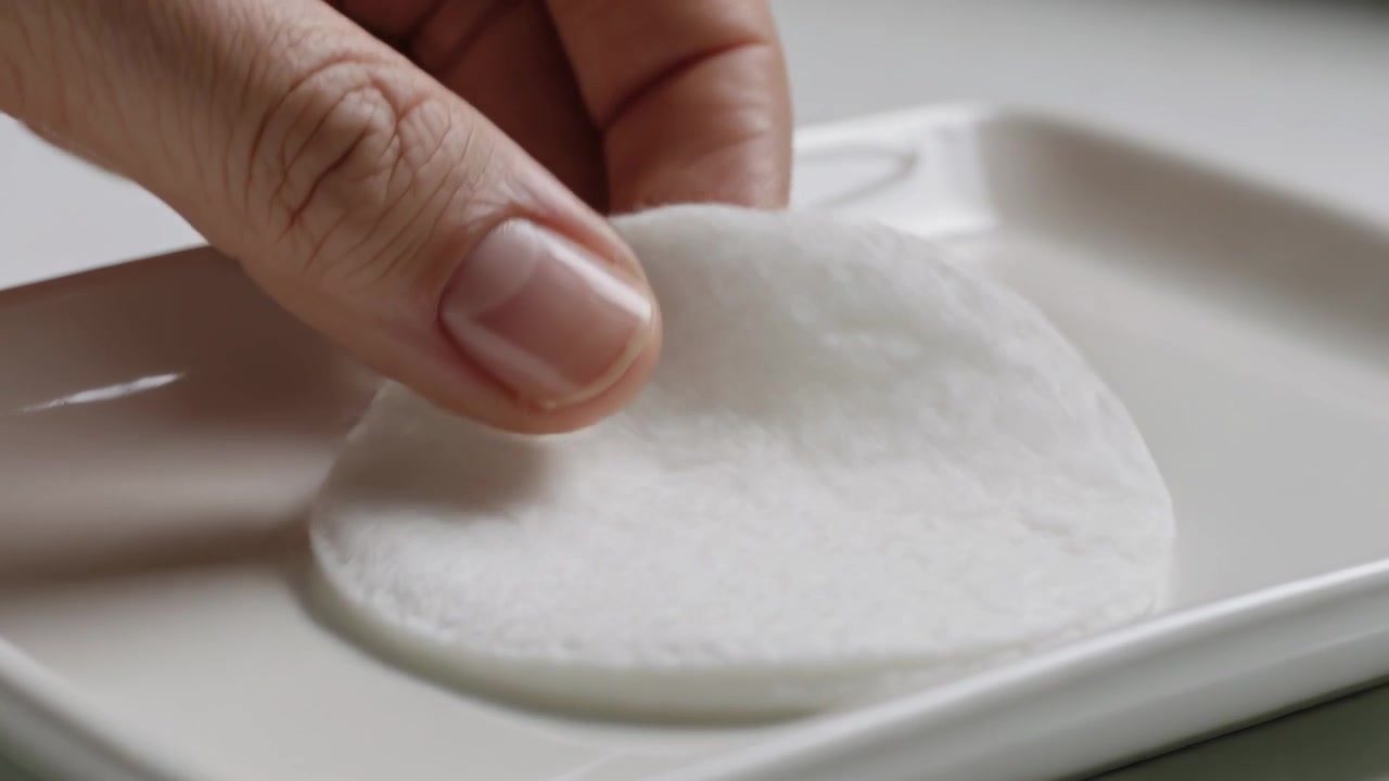 Una mano adulta che tocca il bordo di un tampone su un vassoio di ceramica, pizzicandolo e sollevandolo per mostrarne lo spessore.