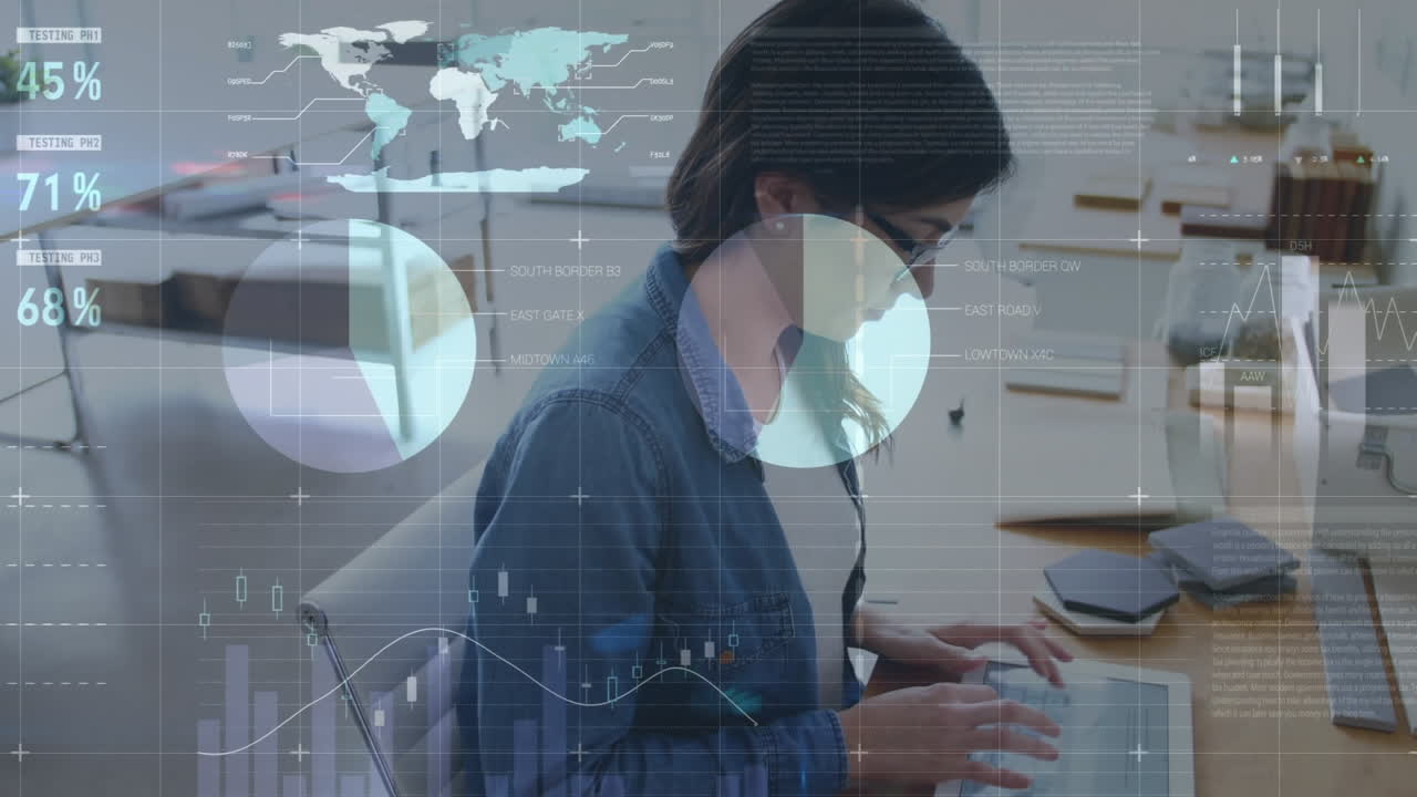 animación del procesamiento de datos estadísticos contra mujeres biraciales usando tableta digital en la oficina