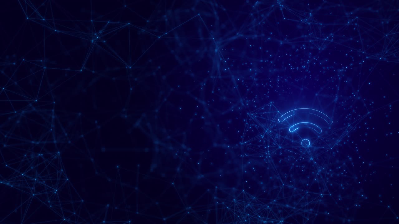 L'icona Wi-Fi emerge da una rete mesh dinamica a plesso per elementi luminosi avanzati, illustra la connessione.