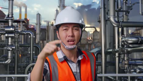 close up of angry asian male engineer with safety helmet shouting at someone while standing in a refinery, oil processing equipment and machinery