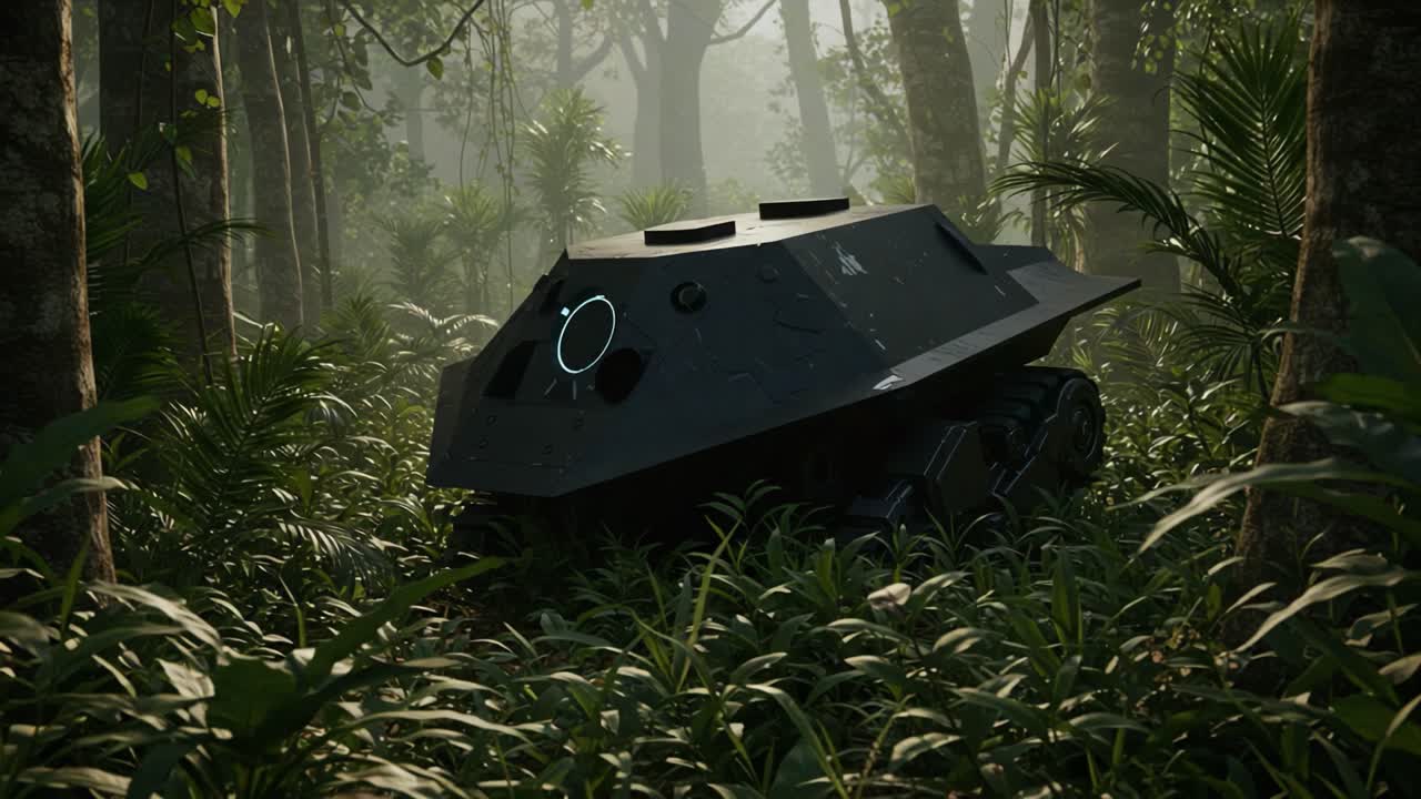 A Stealthy Mechanical Creature Navigates Through Lush Forest Terrain, Blending Seamlessly With The Thriving Greenery In A Serene Atmosphere