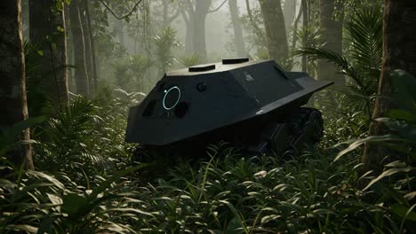 a stealthy mechanical creature navigates through lush forest terrain, blending seamlessly with the thriving greenery in a serene atmosphere