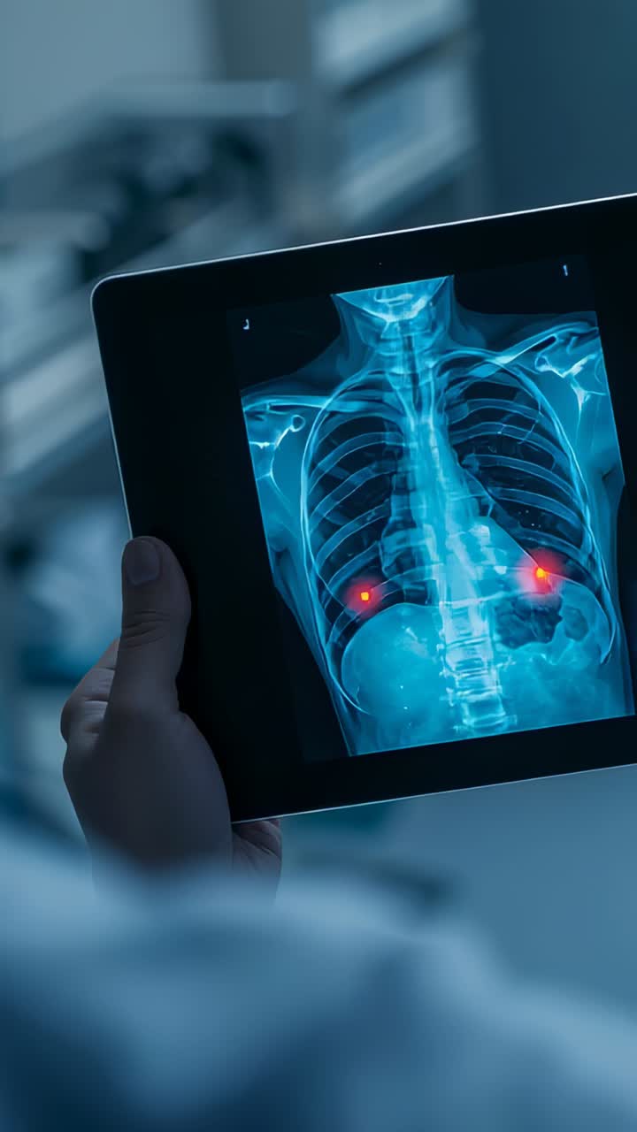 Vertical video: Moving X-ray tablet from lower-left coat left hand holding in lab checking red dots