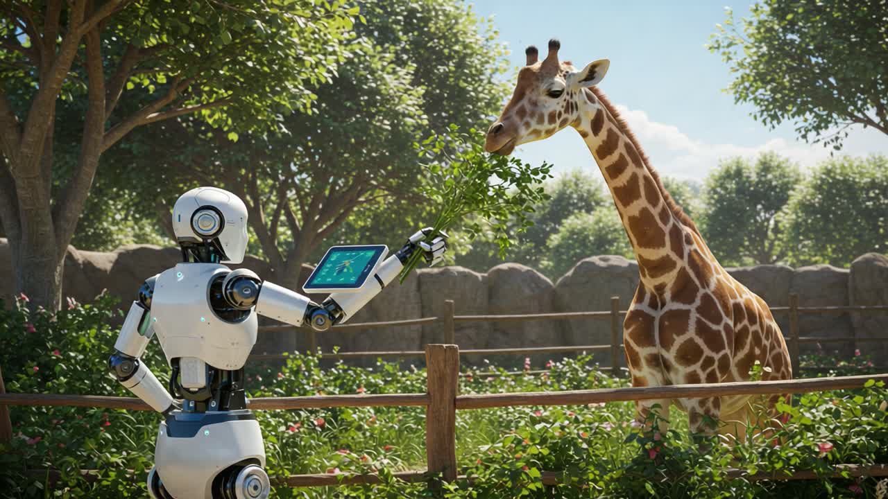 A Futuristic Encounter: A Robot and a Giraffe Share a Moment in a Lush, Green Environment, Highlighting the Connection Between Technology and Nature