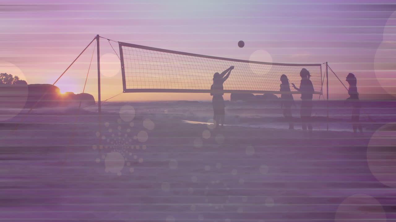 해가 지면 해변 배구, 보라색 보케의 애니메이션과 장면 위의 선을 연주