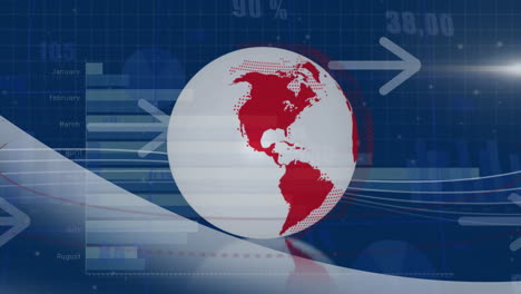 animación de globo rojo y blanco y flechas que se mueven sobre el procesamiento de datos en fondo azul