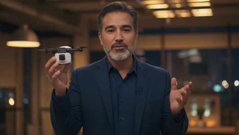 a tech presenter passionately demonstrates the features of a compact drone, showcasing its design and capabilities during an engaging evening presentation.