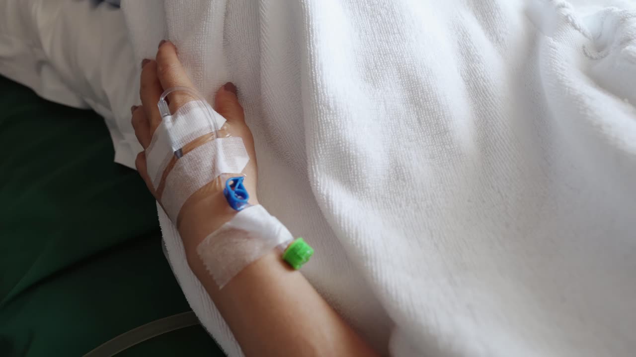 mujer hospitalizada tiene una aguja y un tubo en la mano para usar fácilmente líquidos y medicamentos intravenosos durante o después de la cirugía