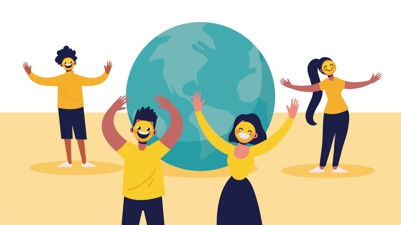 People with Happy Emojis Masks Celebrating Earth