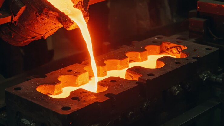 Uno sguardo alla fusione dei metalli: il processo di colata del metallo fuso negli stampi e la trasformazione dei materiali in un'officina di forgiatura.