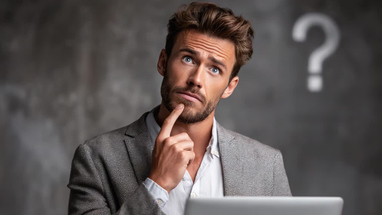 Contemplative Man in Business Attire Pondering a Question While Engaged with a Laptop Display in a Studio Setting, Expressing Curiosity and Thoughtfulness