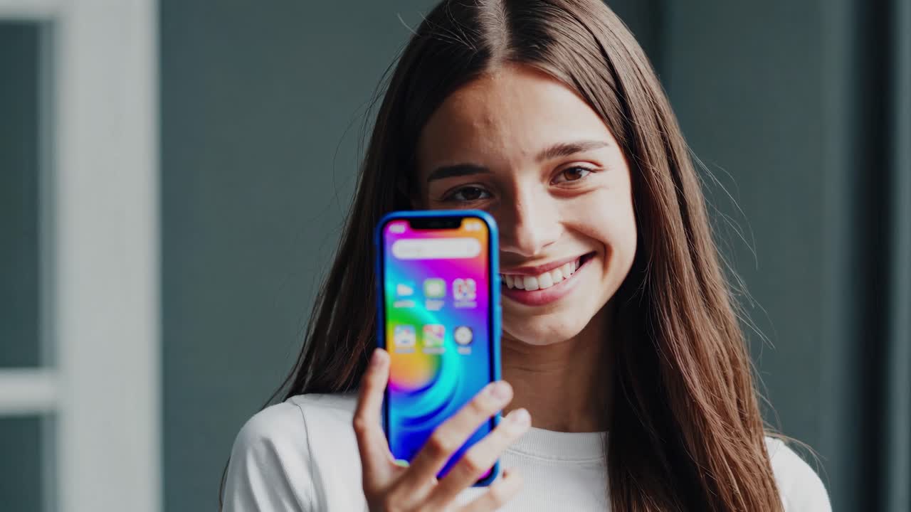 mujer joven sonriendo mientras sostiene un teléfono inteligente colorido