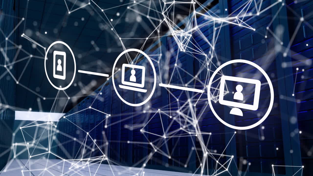 Processing data animation over digital network connections in server room background