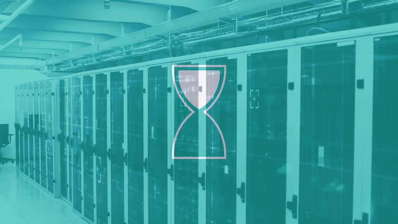 animación de la carga del reloj de arena y el procesamiento de datos a través de servidores informáticos