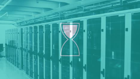 animation of hourglass loading and data processing over computer servers