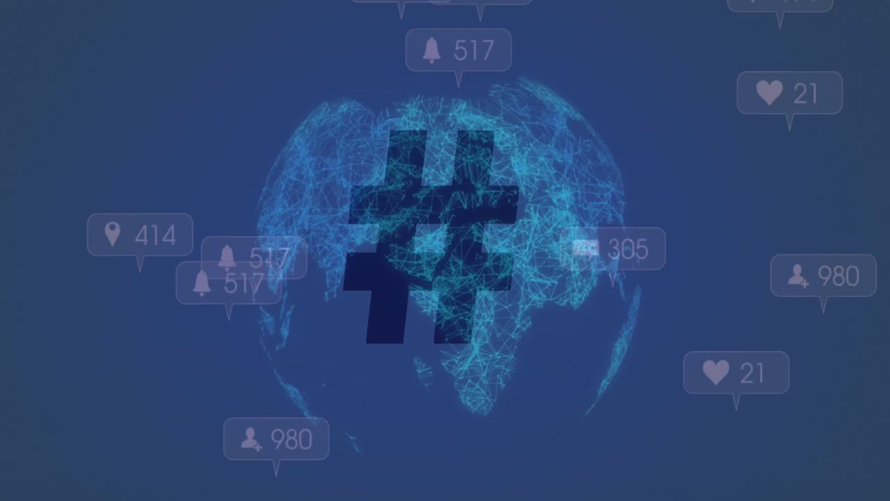 animación de iconos de redes sociales que caen sobre el símbolo de hashtag y el globo giratorio en fondo azul
