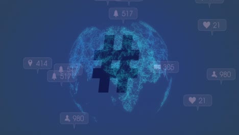 Animación-De-íconos-De-Redes-Sociales-Cayendo-Sobre-El-Símbolo-De-Hashtag-Y-Globo-Giratorio-Sobre-Fondo-Azul