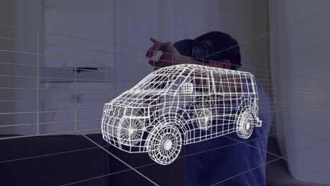 Animation-of-3d-technical-drawing-of-van,-over-man-at-home-wearing-vr-headset