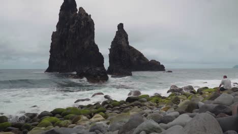 coastal scene with rocky formations and waves