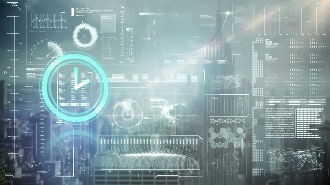 Animation of clock moving fast and data processing on screen over cityscape