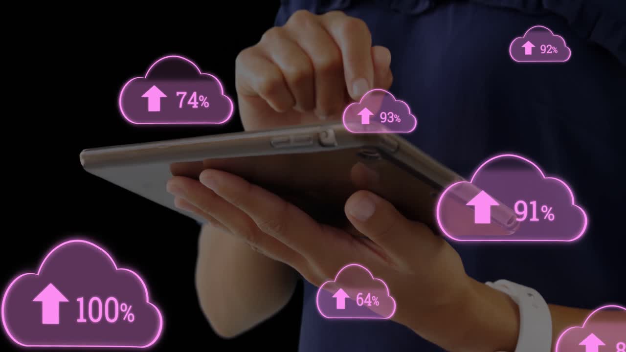 클라우드 4k에 데이터를 입력하고 업로드하는 여성의 애니메이션