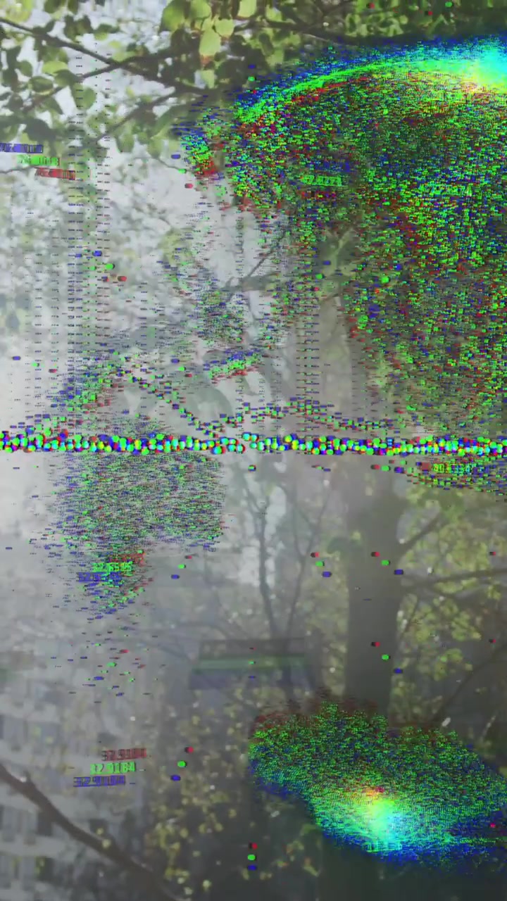 Urban animation with glitchy digital distortion effect over trees and building