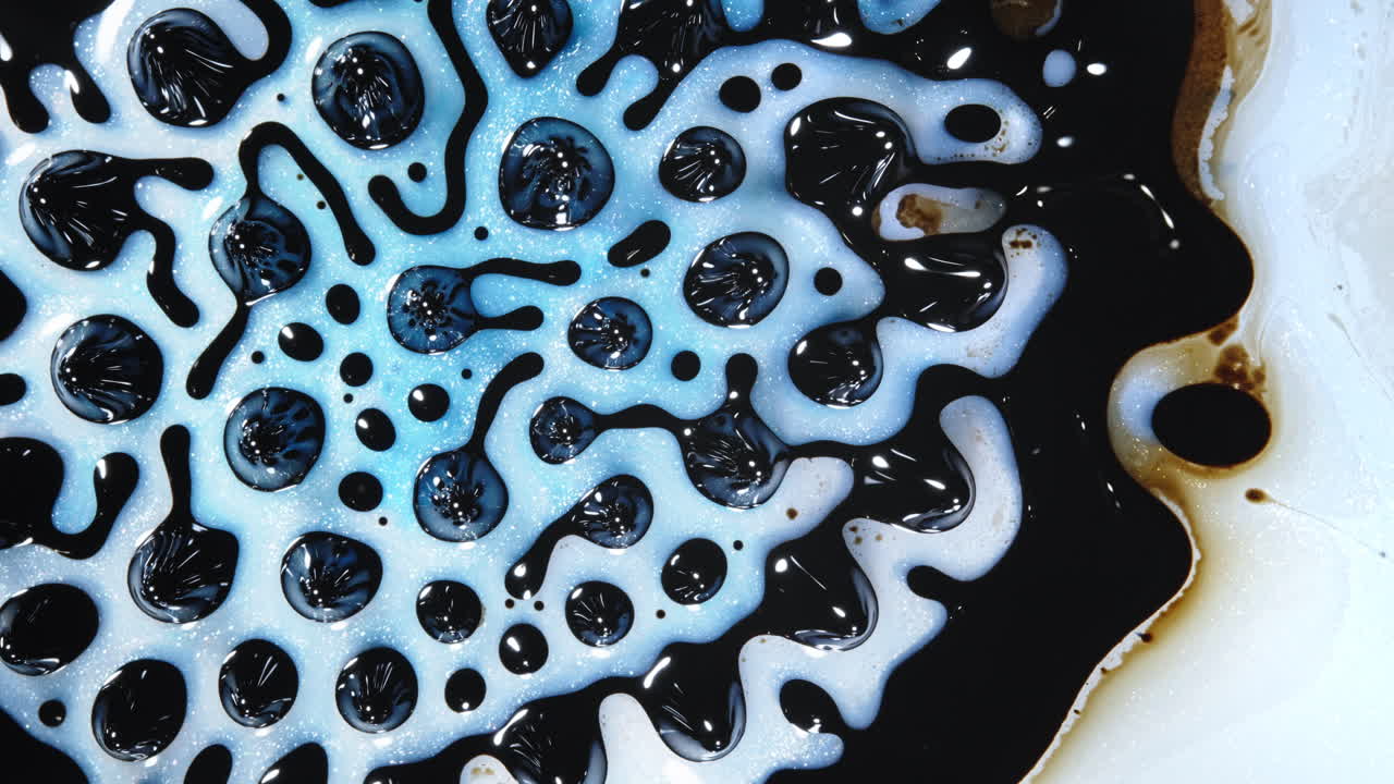 Close-up shot of a mesmerizing pattern formed by mixing black and white liquids with blue highlights