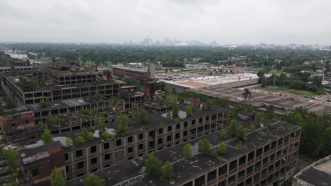 Abandoned Packard Automotive Plant in Detroit, Michigan drone video wide shot.