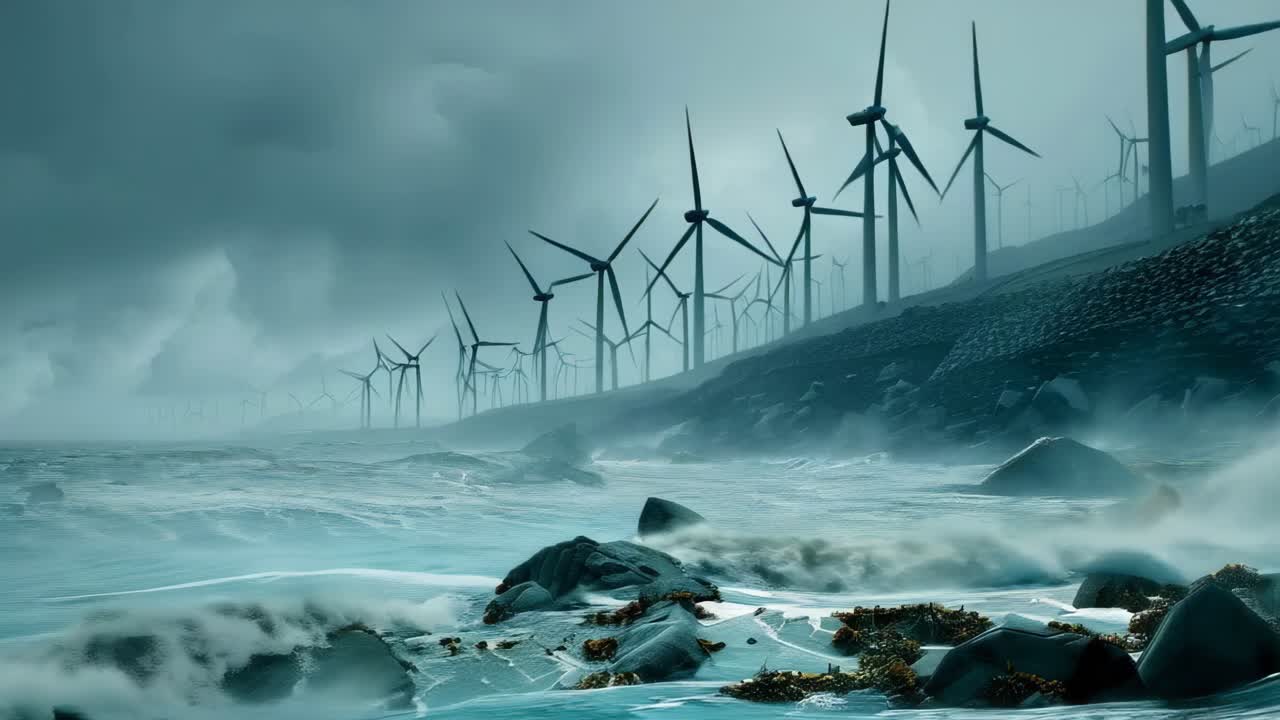 A large body of water with many wind turbines in the background, wind farm in ocean.