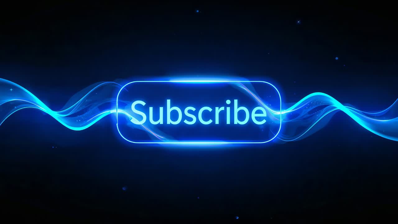 Pulsing Subscribe button from halo pulse in dark void, waving ribbons and sparkles inviting signup