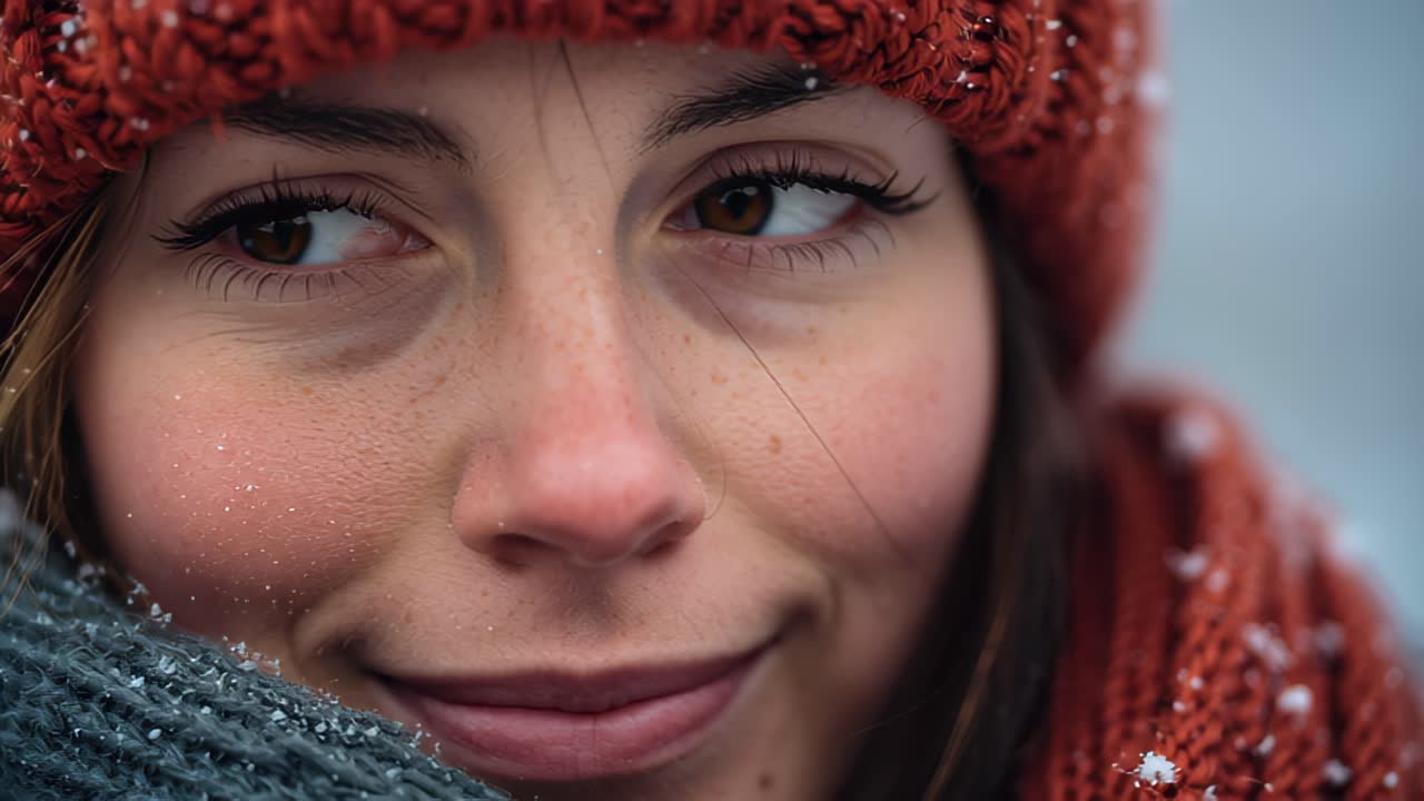 Footage close-up of a young woman with closed eyes wearing a red knitted hat and scarf as snowflakes fall, calm winter mood, shallow depth of field outdoors