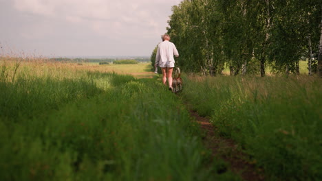 animal trainer walking two beagles on leash through grassy path, dressed in casual grey and white, holding leash with right hand, surrounded by lush green fields and tall trees, calm countryside