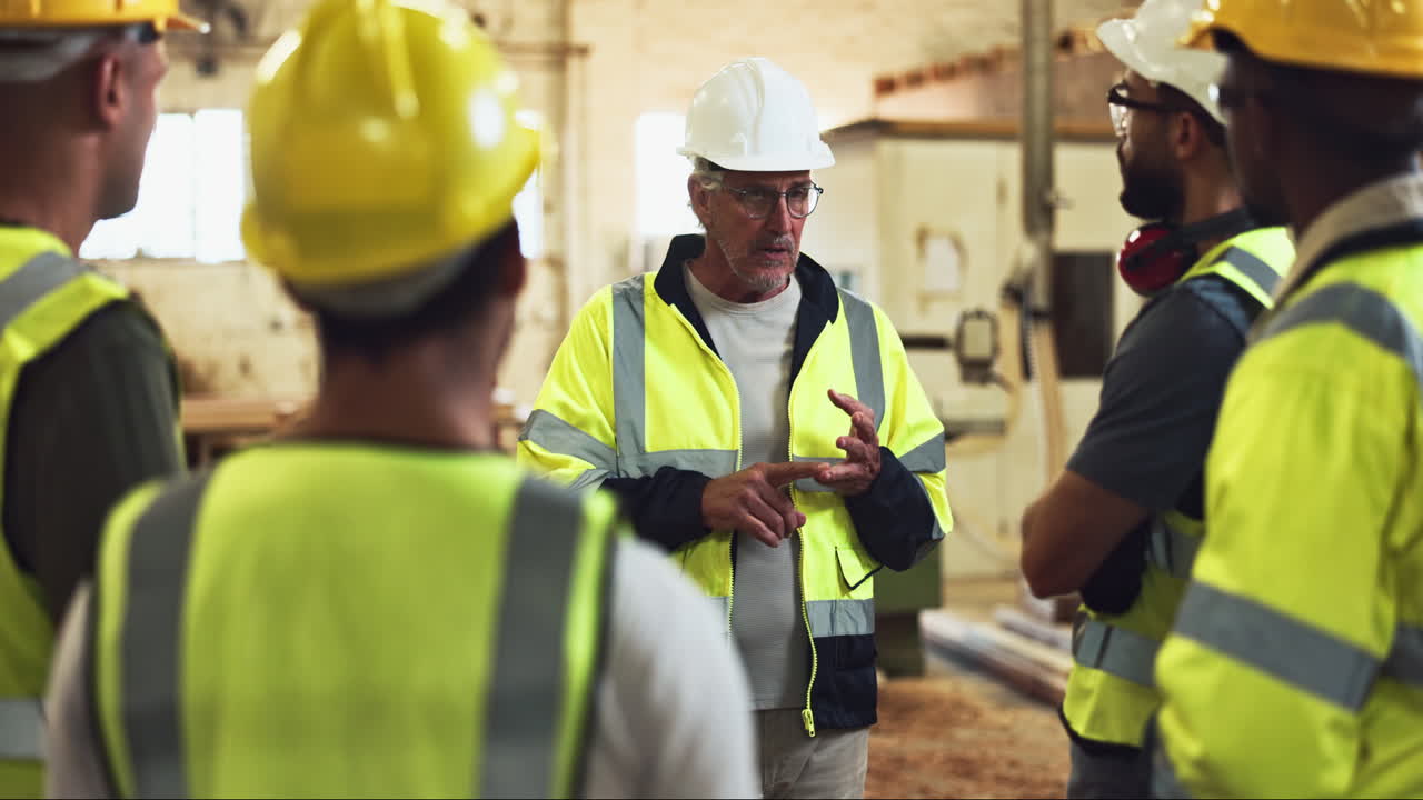 Construction workers discussing plans in a factory