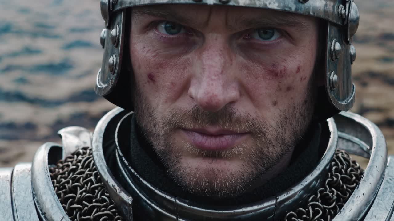 Close-up video shot of a medieval knight in armor, capturing intense focus and determination