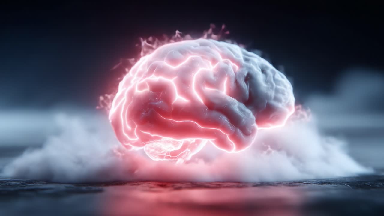 A Glowing Brain Emerges from the Mist, Symbolizing Innovation and Intelligence with Pulsating Lights and Ethereal Atmosphere in a Stunning Visual Display