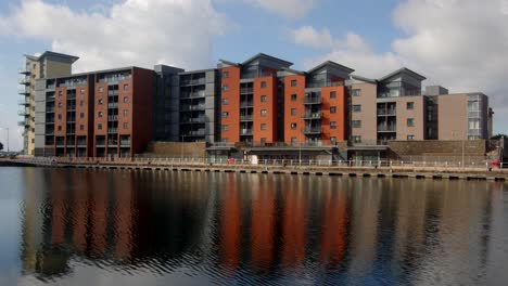 shot-of-Prince-of-Wales-dock-with-South-quay-Altamar-buildings-in-background,-Swansea